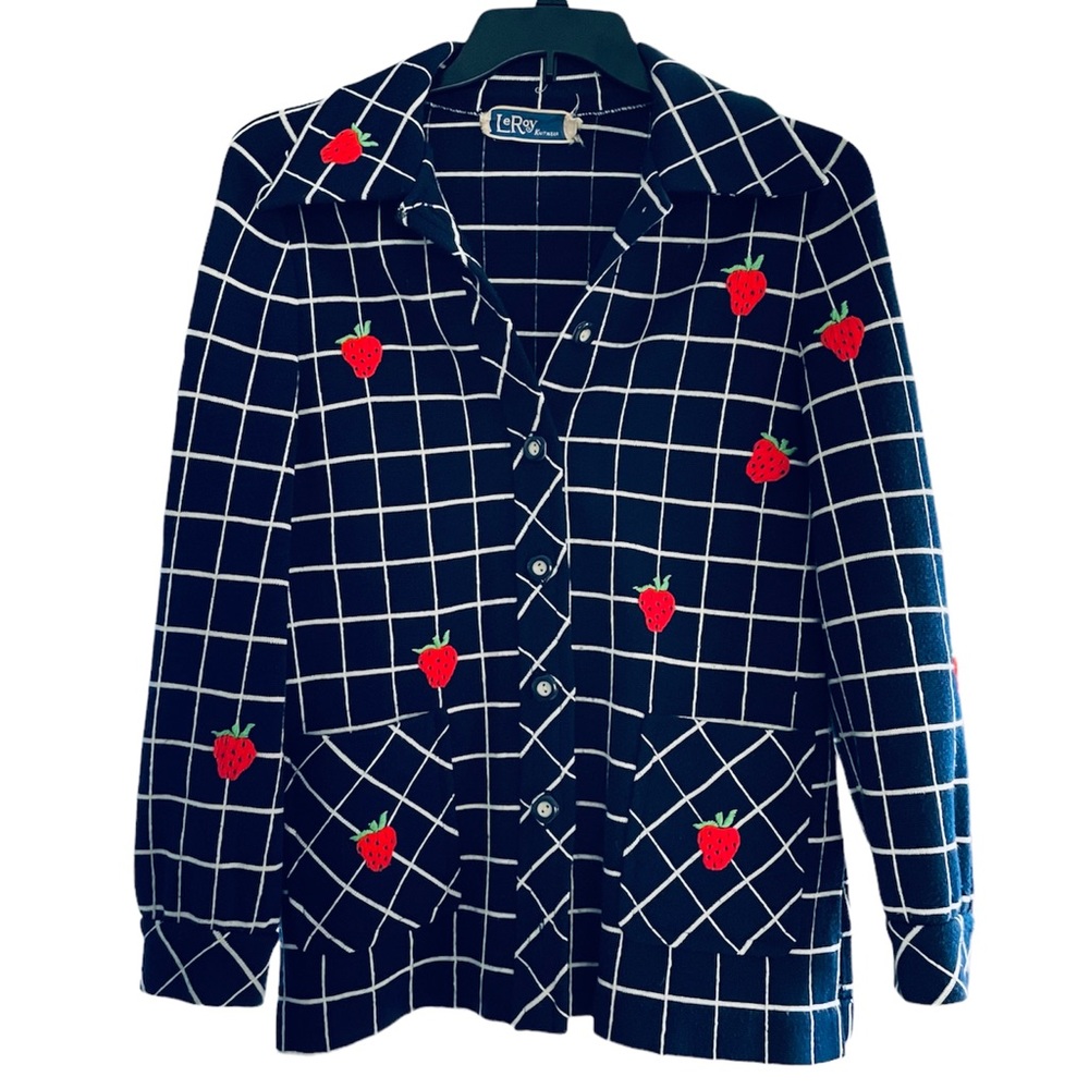 Leroy 1960’s knit navy blue jacket with strawberries embroidery & pockets